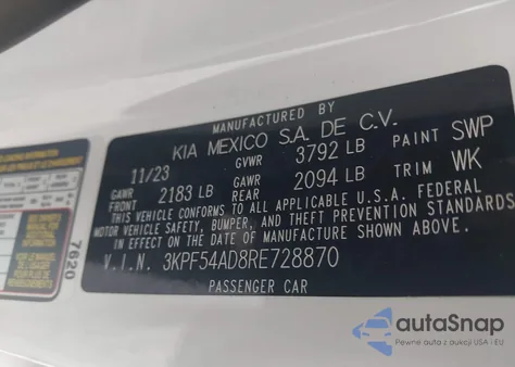 2024 Kia Forte Gt-Line из США, поврежденный, VIN 3KPF54AD8RE728870